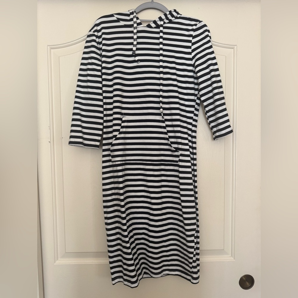 Black & White Striped Hooded Midi Dress